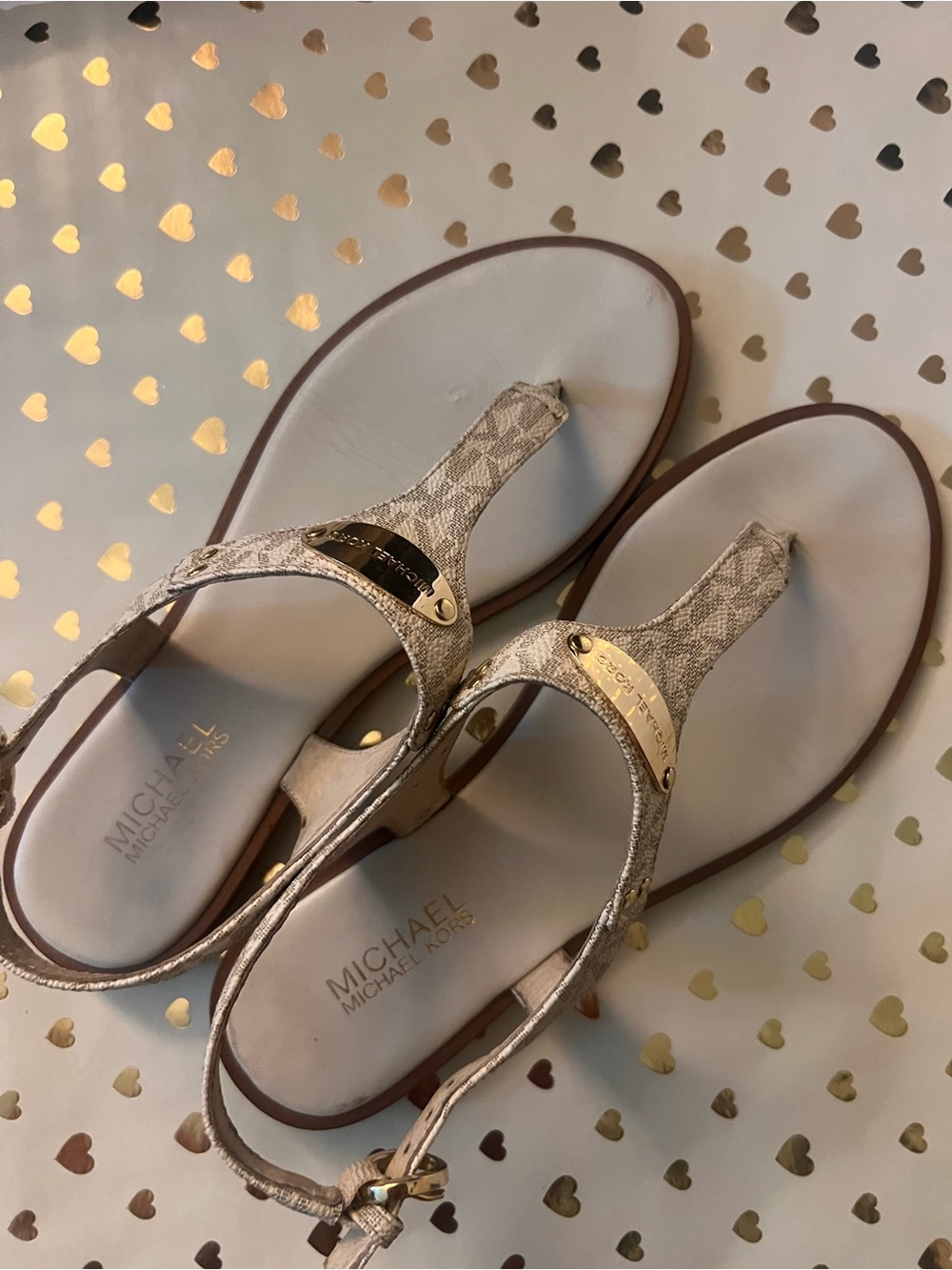 Michael Kors Metallic Gold-Tone Snake-Print T-Strap Sandals